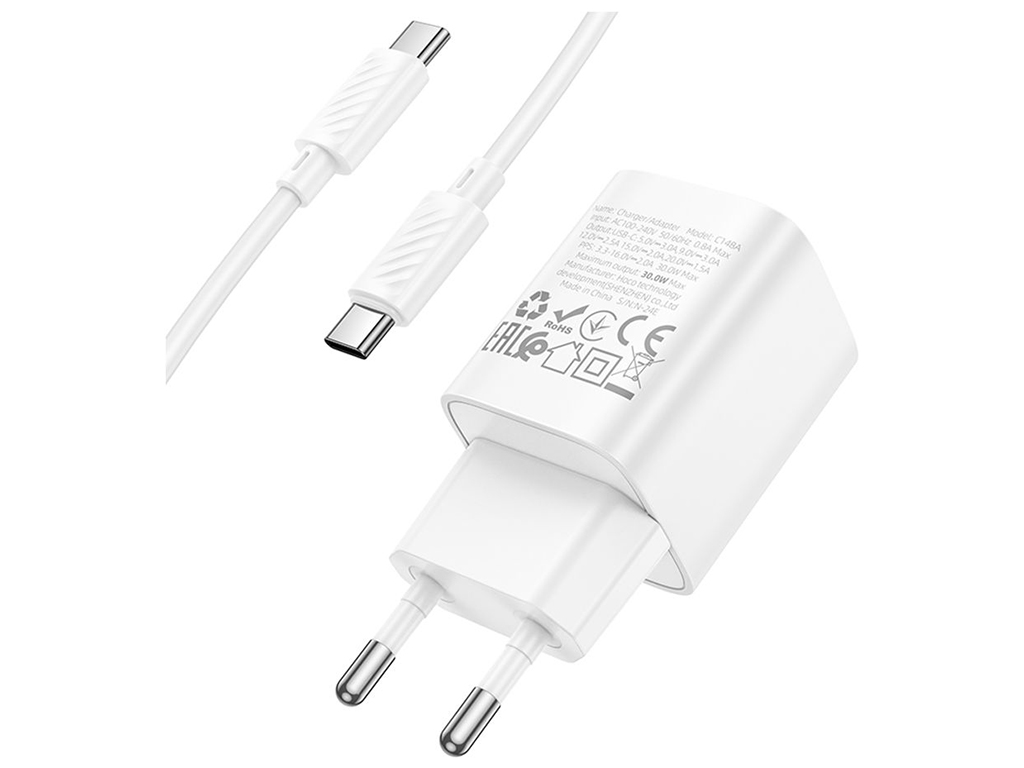 Мережевий зарядний пристрій Hoco C148A 1USB-C PD/QC 30W+Type-C to Type-C, колір бiлий