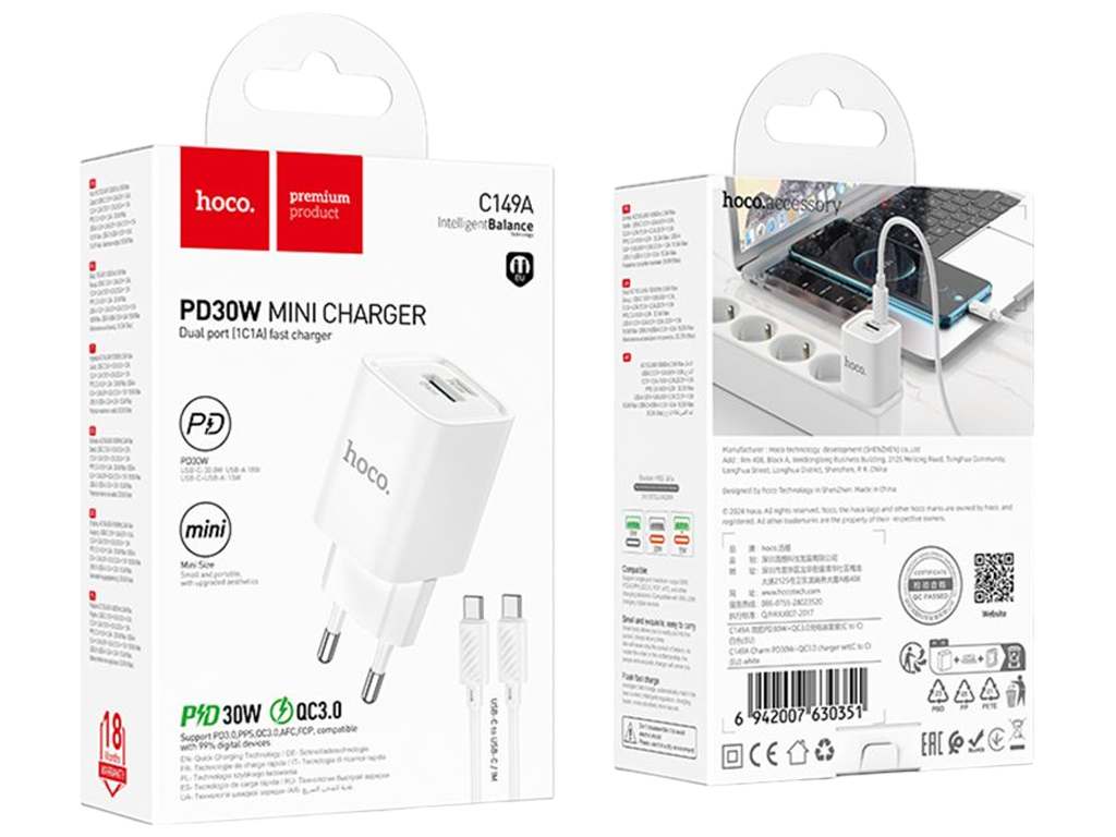 Зарядний пристрій Hoco C149A, 30W, 1USB+1Type-C, PD/QC 3.0, кабель 1м, колір білий