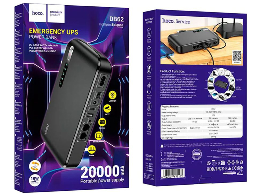 Джерело Бесперебійного Живлення Hoco DB62 UPS (20000мAh) Колір Чорний