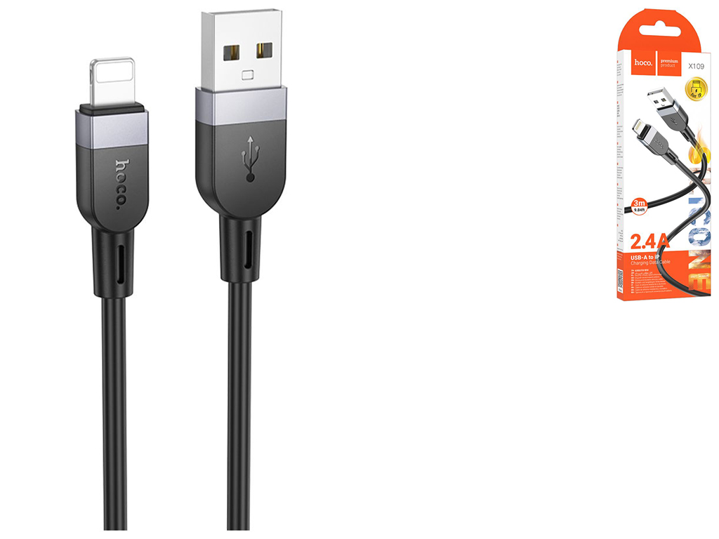 Кабель Hoco X109 Silicone Lightning 2.4A 3m Колір Чорний