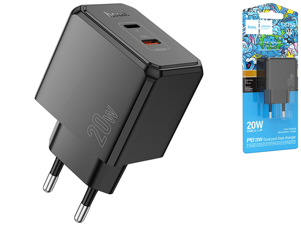 Мережевий зарядний пристрій Hoco CS16A 1USB-C/1IP PD/QC 20W, колір чорний