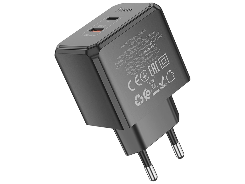 Мережевий зарядний пристрій Hoco CS16A 1USB-C/1IP PD/QC 20W, колір чорний