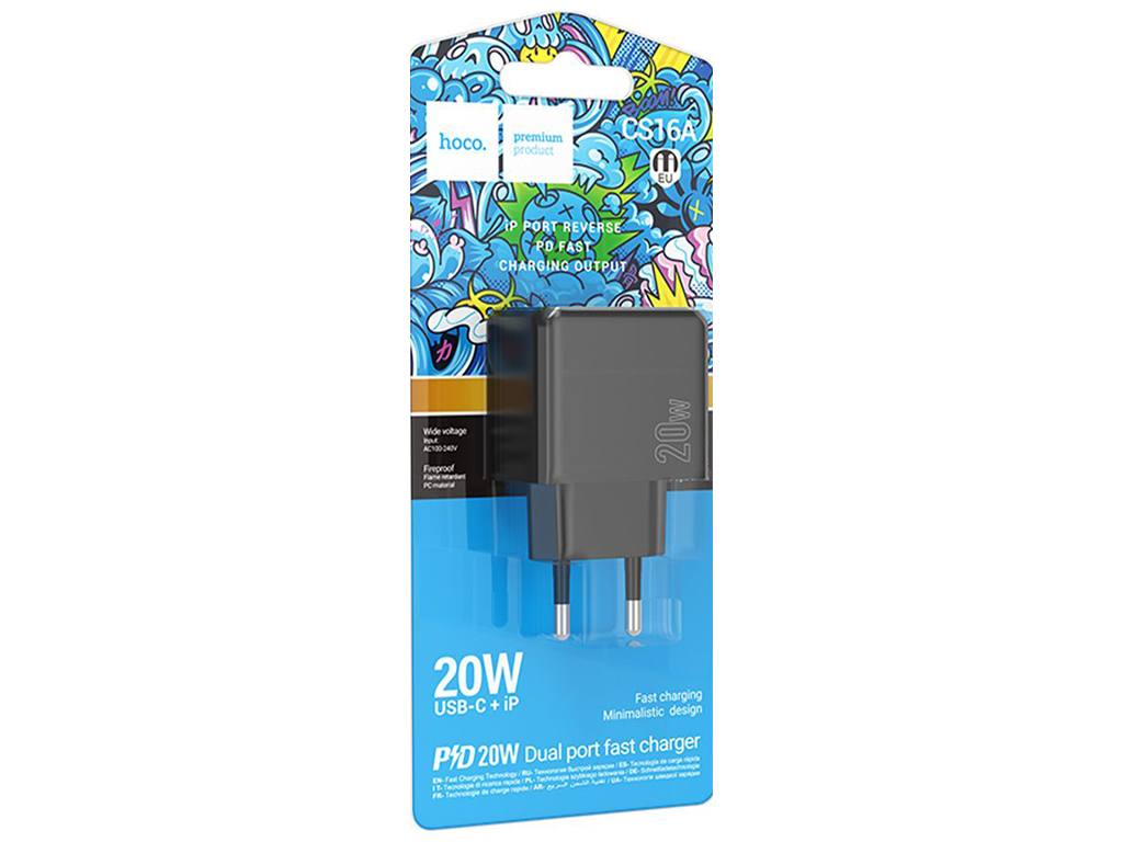 Мережевий зарядний пристрій Hoco CS16A 1USB-C/1IP PD/QC 20W, колір чорний