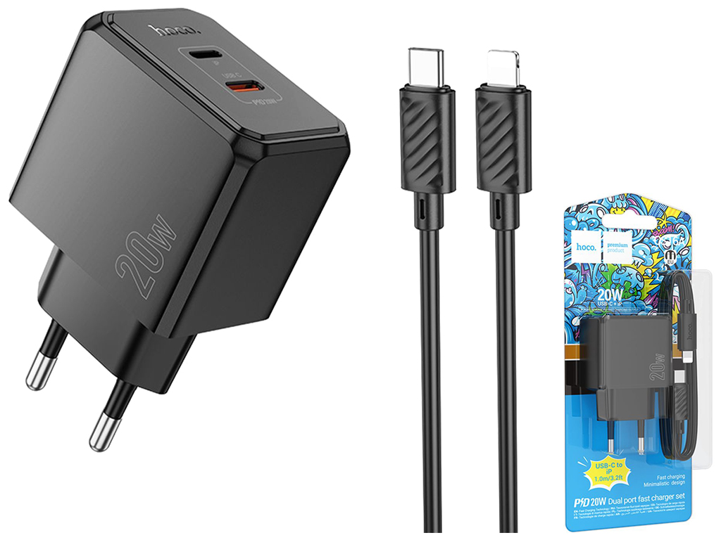 Мережевий зарядний пристрій Hoco CS16A 1USB-C/1IP PD/QC 20W+Type-C to Lightning, колір чорний