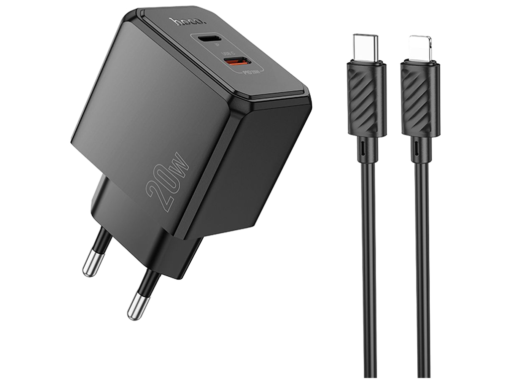Мережевий зарядний пристрій Hoco CS16A 1USB-C/1IP PD/QC 20W+Type-C to Lightning, колір чорний