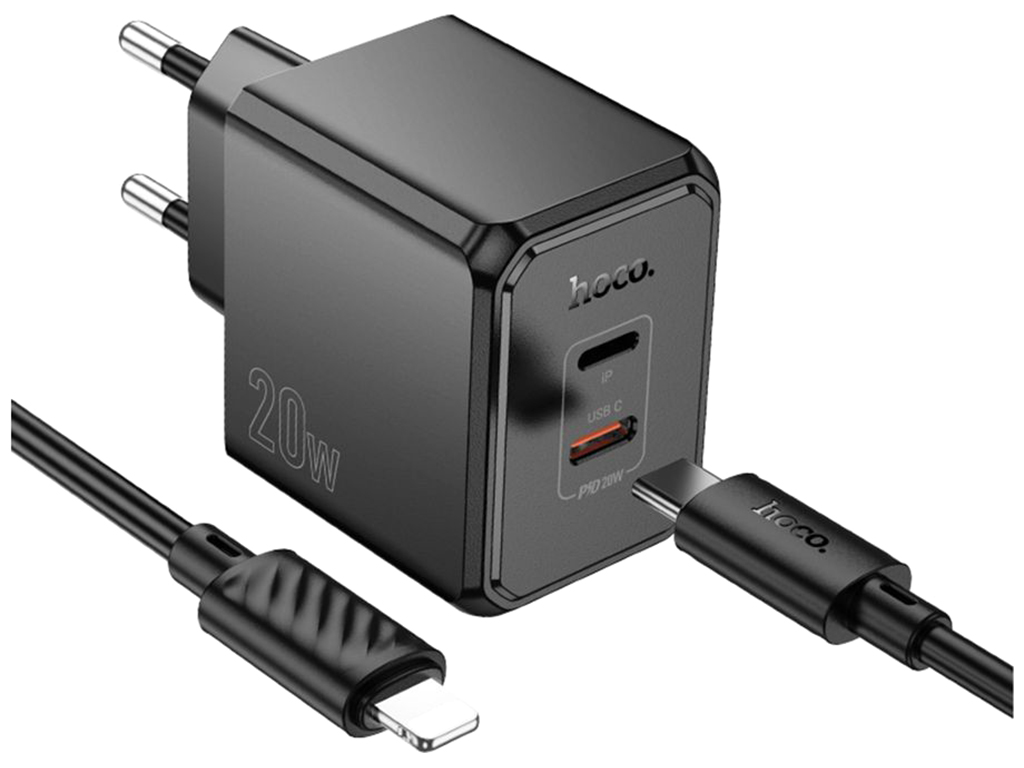 Мережевий зарядний пристрій Hoco CS16A 1USB-C/1IP PD/QC 20W+Type-C to Lightning, колір чорний