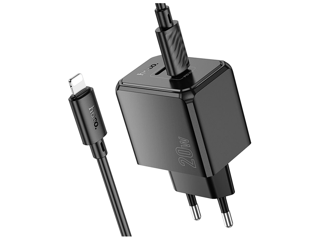 Мережевий зарядний пристрій Hoco CS16A 1USB-C/1IP PD/QC 20W+Type-C to Lightning, колір чорний