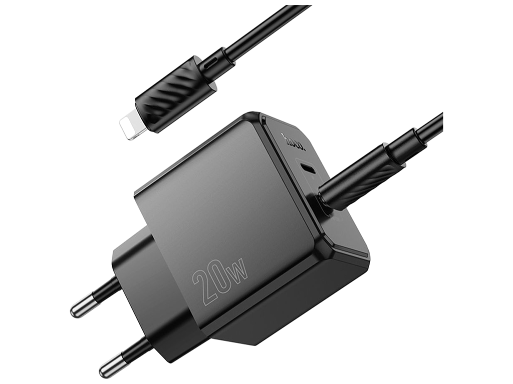 Мережевий зарядний пристрій Hoco CS16A 1USB-C/1IP PD/QC 20W+Type-C to Lightning, колір чорний