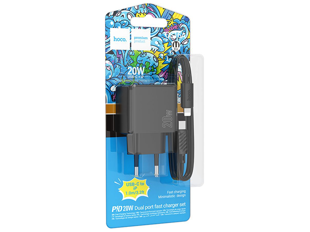 Мережевий зарядний пристрій Hoco CS16A 1USB-C/1IP PD/QC 20W+Type-C to Lightning, колір чорний