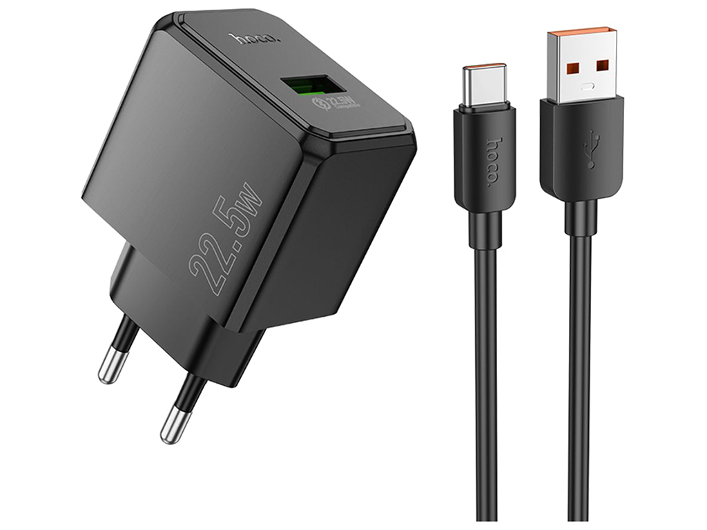 Мережевий зарядний пристрій Hoco CS17A 1USB QC 22.5W+USB to Type-C, колір чорний