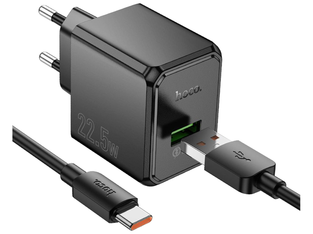 Мережевий зарядний пристрій Hoco CS17A 1USB QC 22.5W+USB to Type-C, колір чорний