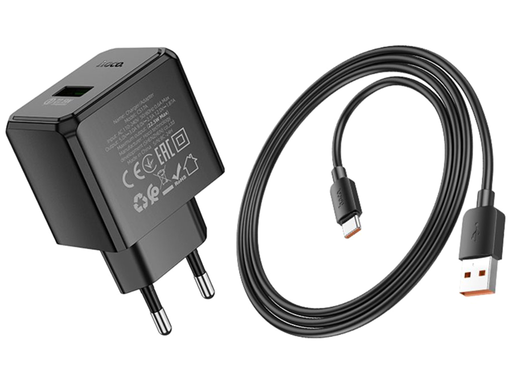 Мережевий зарядний пристрій Hoco CS17A 1USB QC 22.5W+USB to Type-C, колір чорний