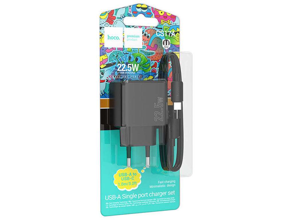 Мережевий зарядний пристрій Hoco CS17A 1USB QC 22.5W+USB to Type-C, колір чорний