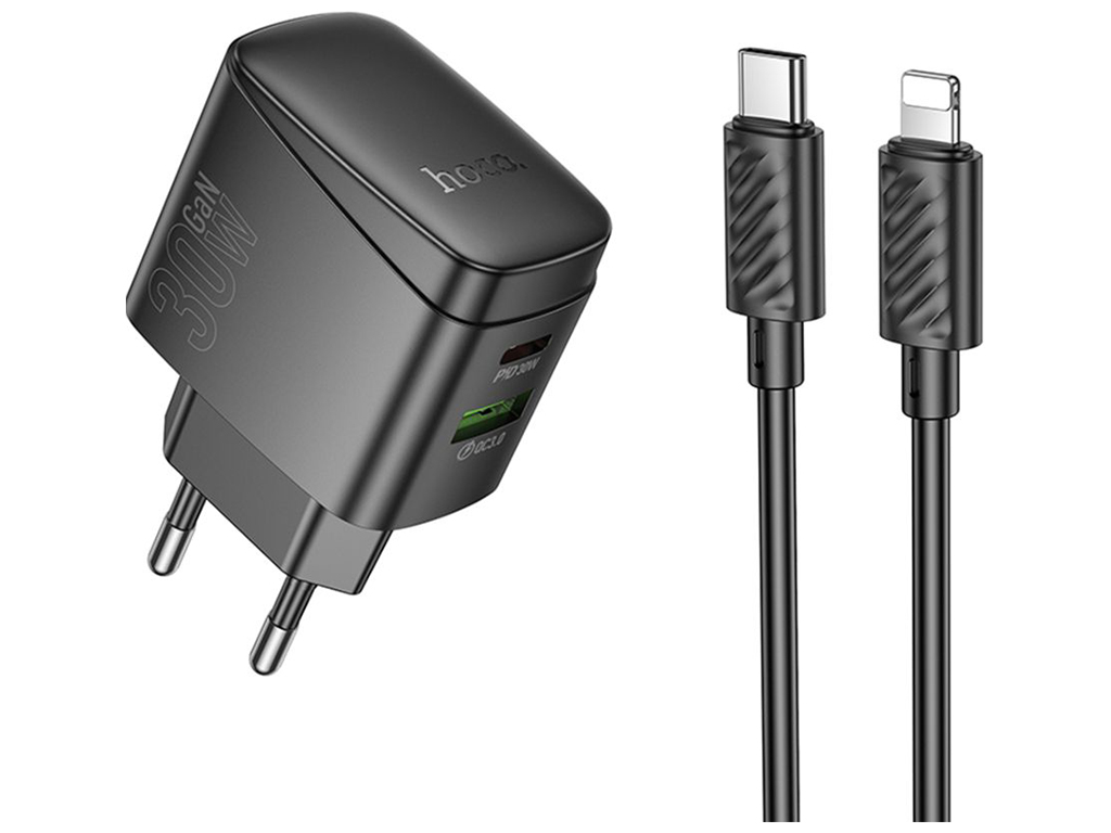 Мережевий зарядний пристрій Hoco CS61A 1USB/1USB-C PD/QC 30W+Type-C to Lightning, колір чорний