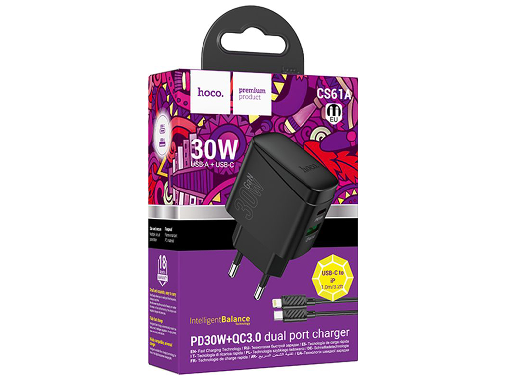 Мережевий зарядний пристрій Hoco CS61A 1USB/1USB-C PD/QC 30W+Type-C to Lightning, колір чорний