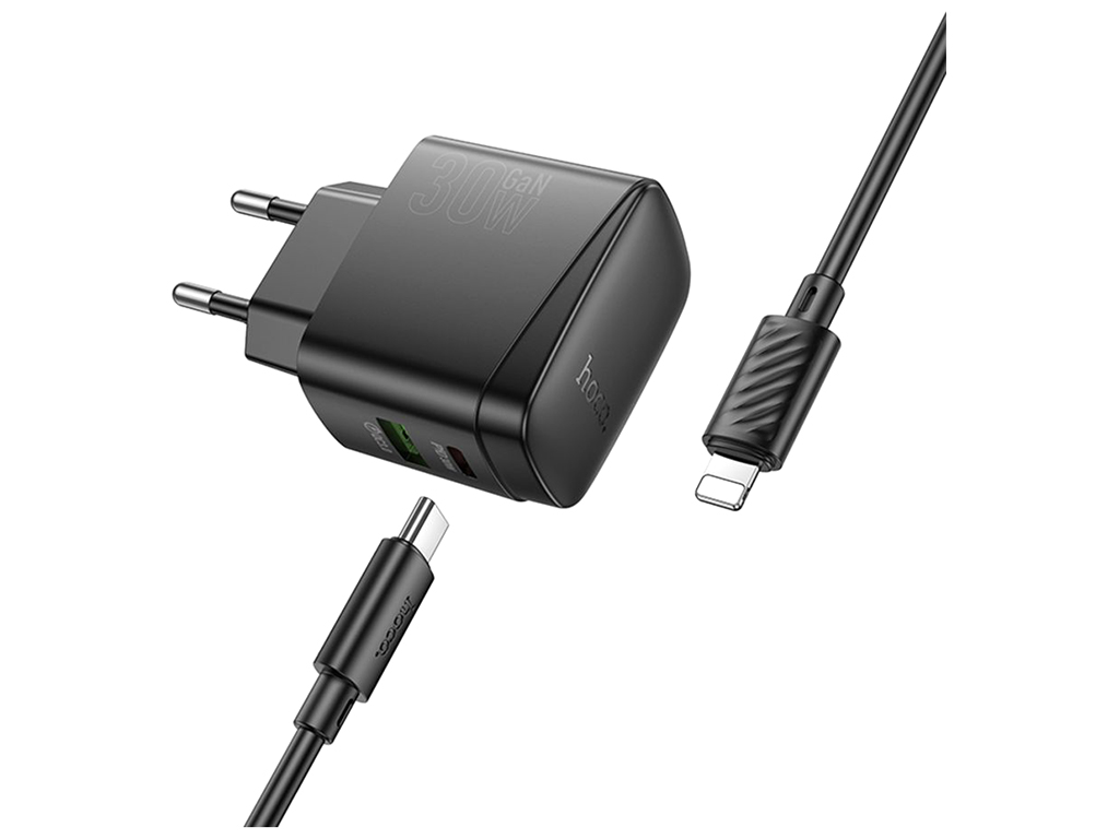 Мережевий зарядний пристрій Hoco CS61A 1USB/1USB-C PD/QC 30W+Type-C to Lightning, колір чорний