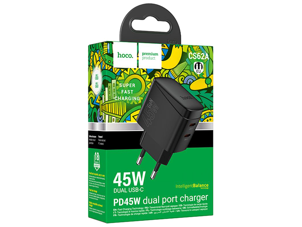 Сетевое зарядное устройство Hoco CS62A 2USB-C PD/QC 45W GAN, цвет черный