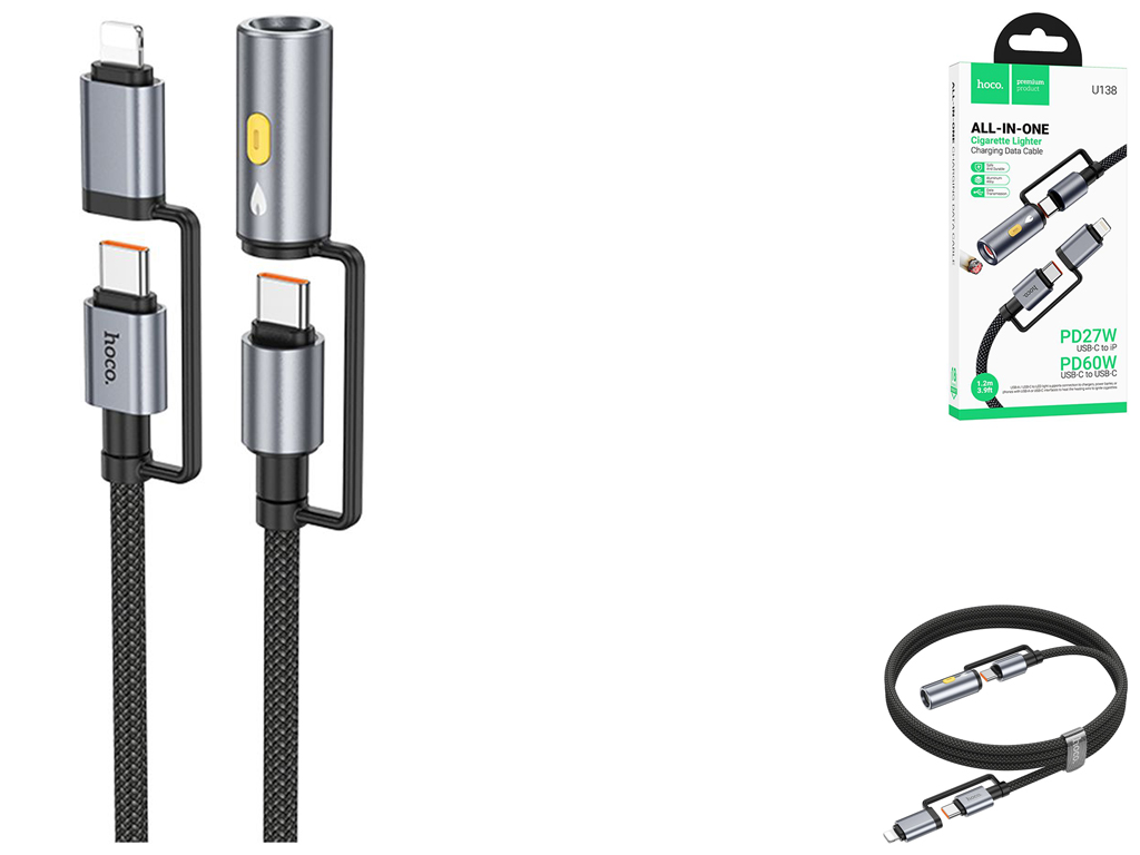 Кабель USB Hoco U138 USB-C/iP to USB-C/Cigarette Lighter 1.2м Колір Чорний