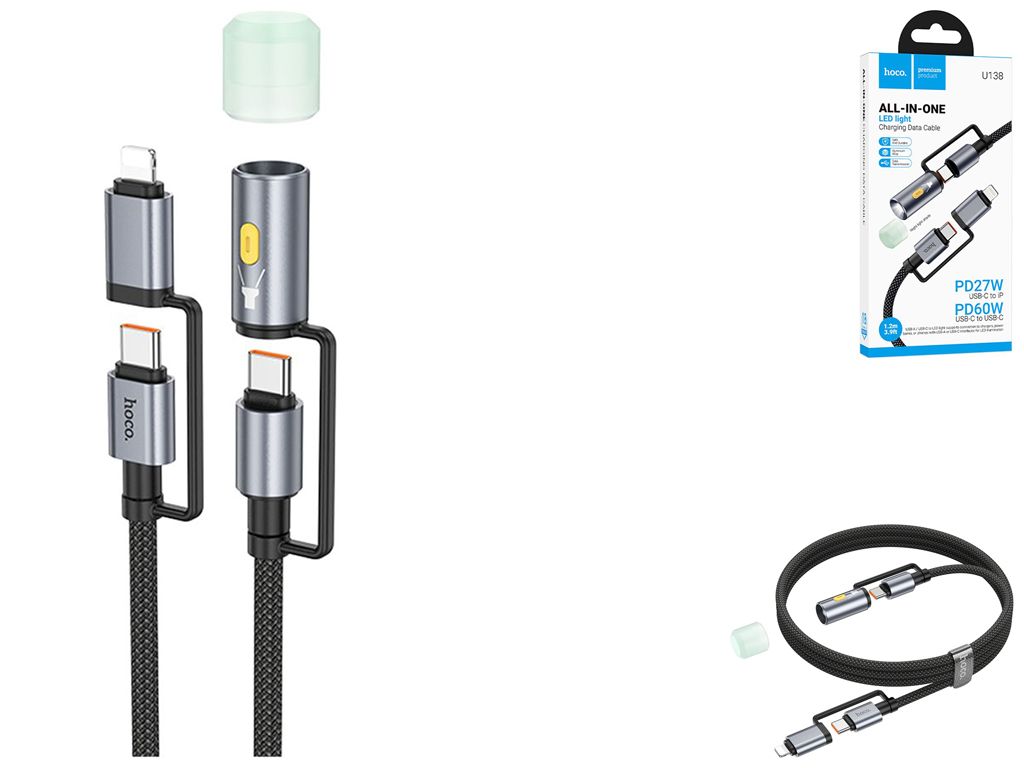 Кабель USB Hoco U138 USB-C/iP to USB-C/LED Light 1.2м Колір Чорний