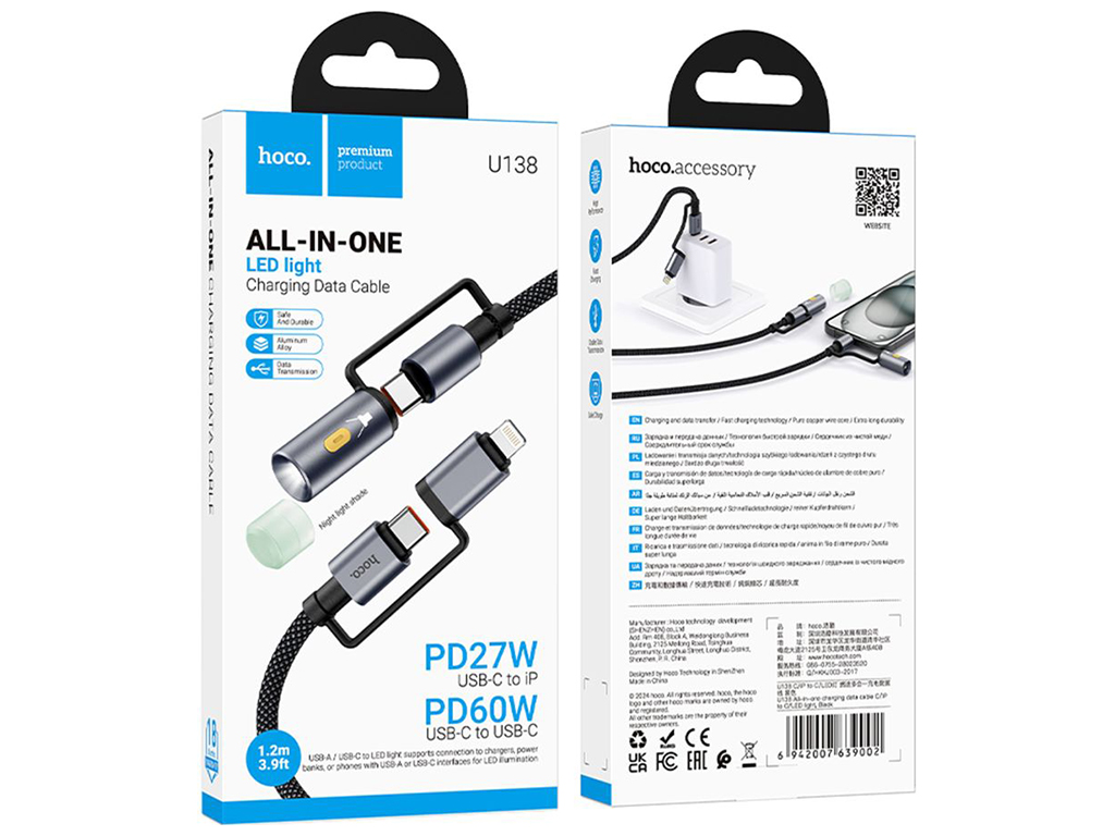Кабель USB Hoco U138 USB-C/iP to USB-C/LED Light 1.2м Колір Чорний