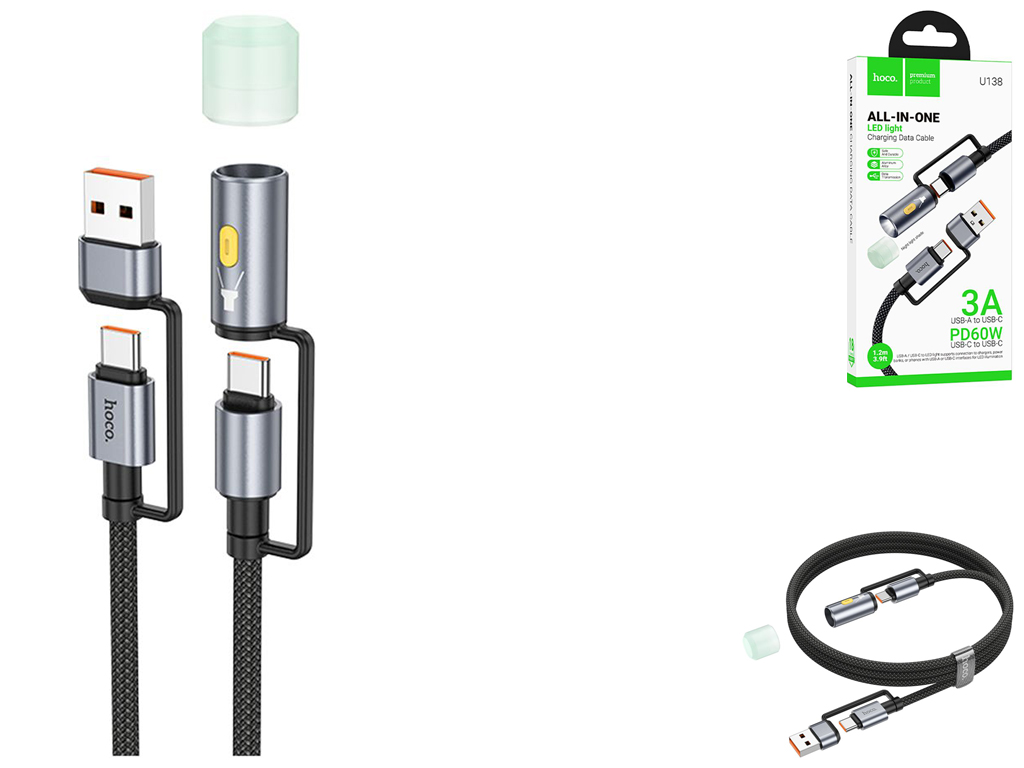 Кабель USB Hoco U138 USB/USB-C to USB-C/LED Light 1.2м Колір Чорний