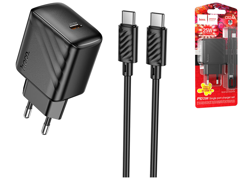 Сетевое зарядное устройство Hoco CS24A 1USB-C PD/QC 25W+Type-C to Type-C, цвет черный