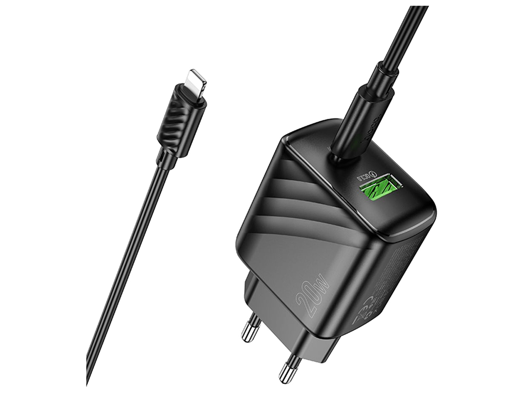 Мережевий зарядний пристрій Hoco CS25A 1USB-C/1USB PD/QC 20W+Type-C to Lightning, колір чорний