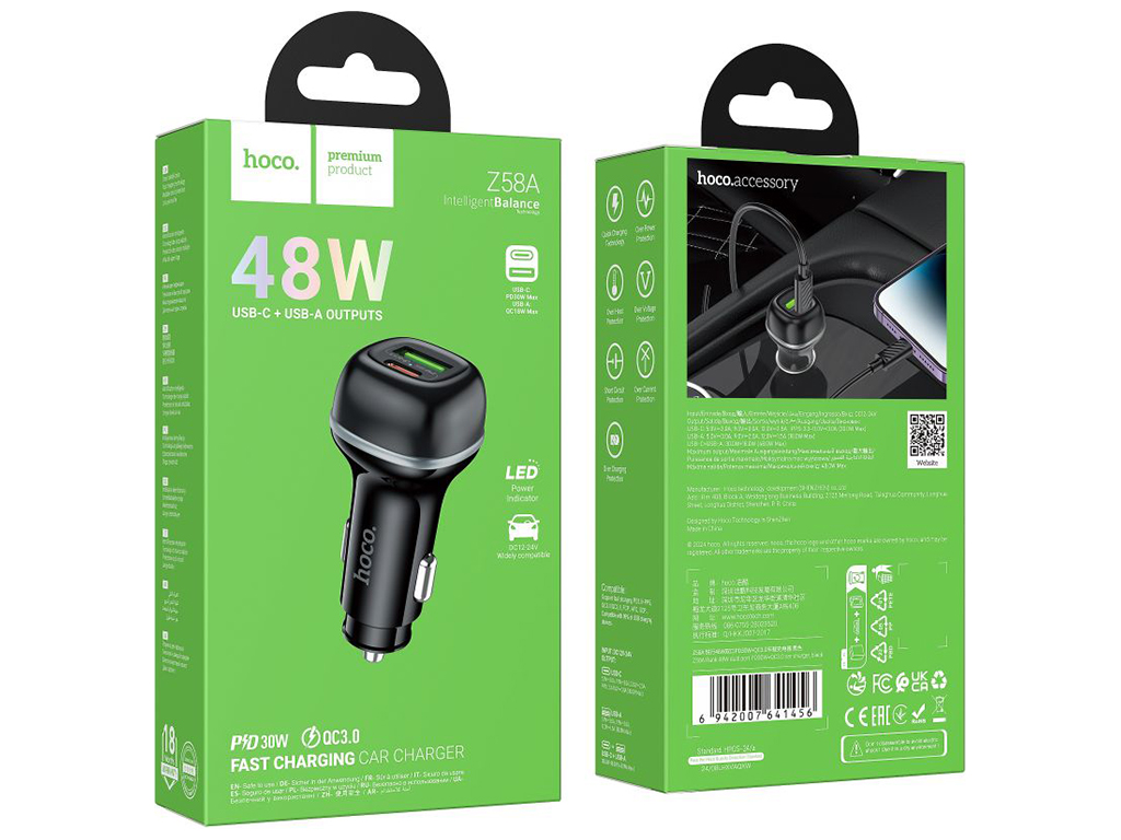 Автомобільний зарядний пристрій Hoco Z58A, USB-A + USB-C, QC/PD, 48 Вт