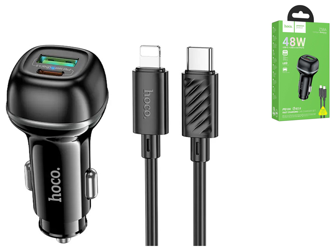 Автомобільний Зарядний Пристрій Hoco Z58A 1USB/1USB-C QC/PD48W+Type-C to Lightning Колір Чорний