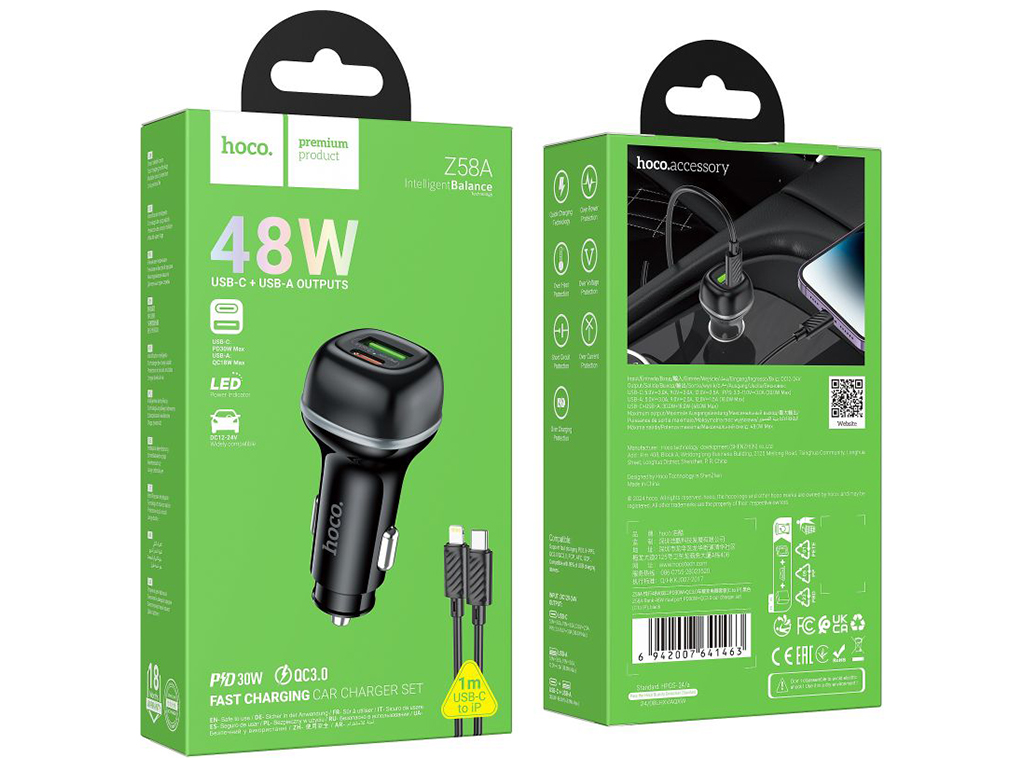 Автомобільний Зарядний Пристрій Hoco Z58A 1USB/1USB-C QC/PD48W+Type-C to Lightning Колір Чорний