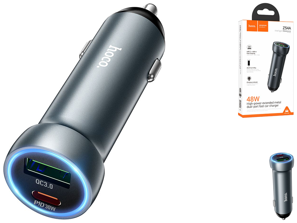Автомобільний Зарядний Пристрій Hoco Z54A 1USB/1USB-C PD48W/QC3.0 Колір Сiрий