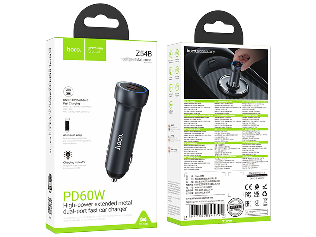 Автомобільний Зарядний Пристрій Hoco Z54B 2USB-C PD60W/QC3.0 Колір Сiрий