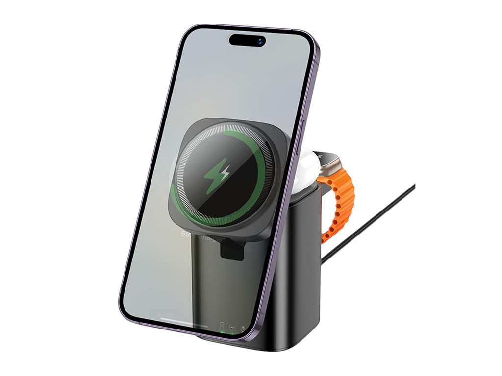 Бездротовий зарядний пристрій Hoco CQ20 3-in-1, 15 Вт, Magnetic (iWatch), чорний