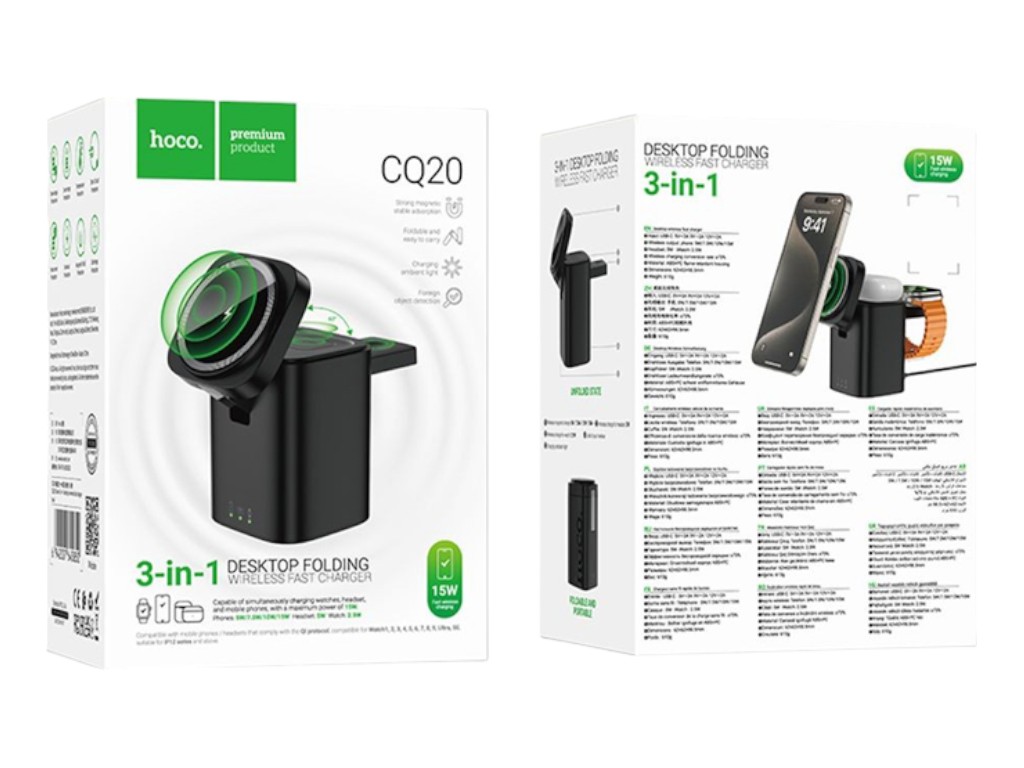 Бездротовий зарядний пристрій Hoco CQ20 3-in-1, 15 Вт, Magnetic (iWatch), чорний