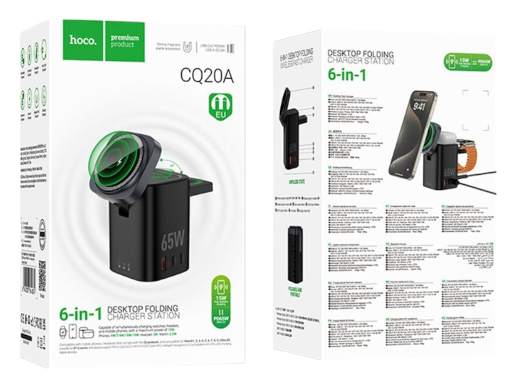 Бездротовий Зарядний Пристрій Hoco CQ20A EU 6-in-1 15W+1USB/2USB-C 65W Magnetic (iWatch) Колір Чорни