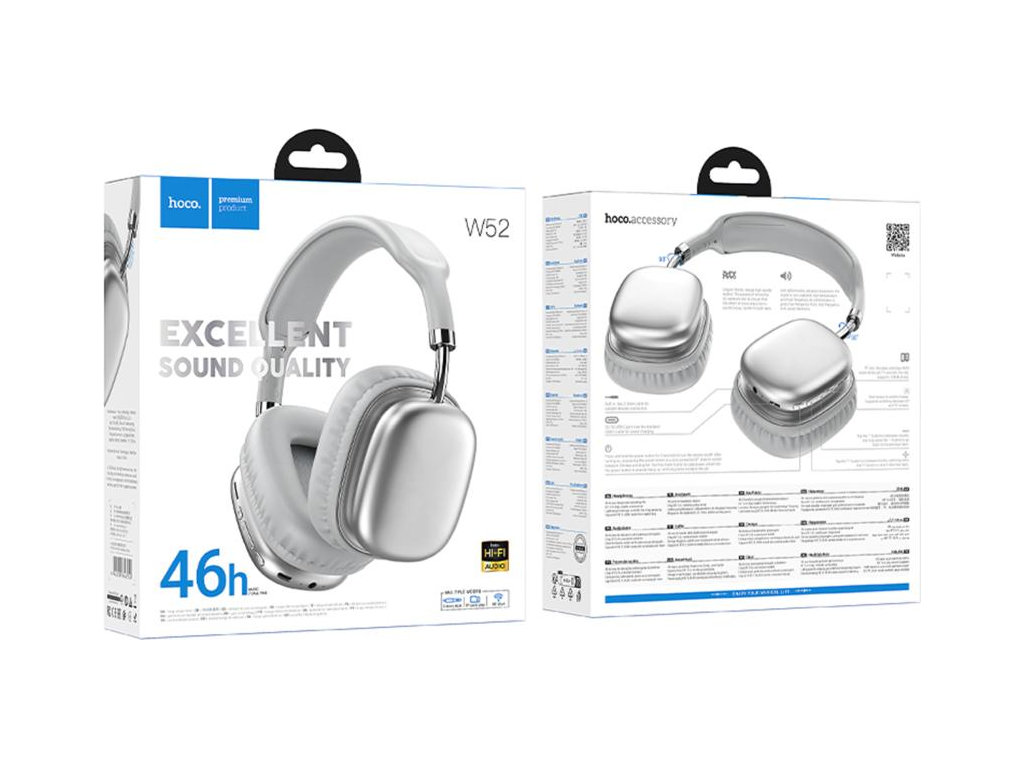 Блютуз стерео гарнитура Hoco W52, bluetooth 5.4, type‑c/aux, слот TF, 400mAh, цвет стальной