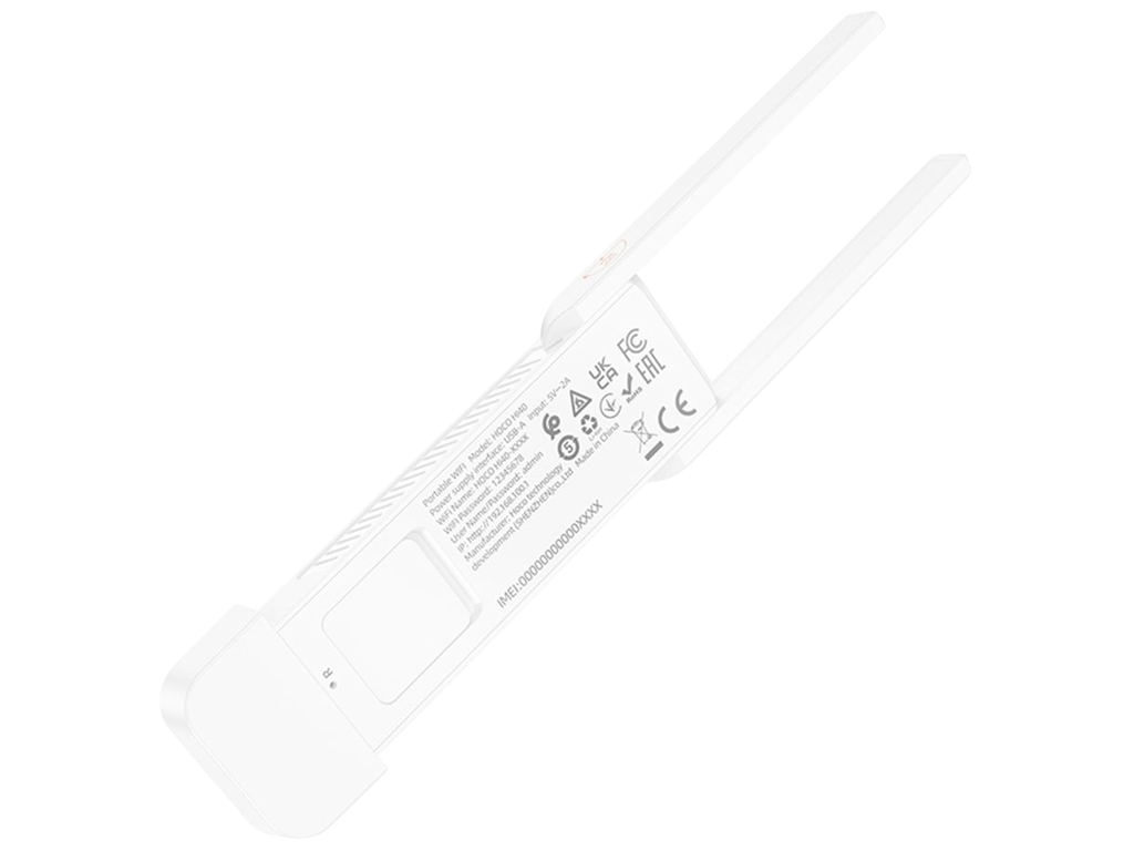 Модем Hoco HI40 Portable, Wi-Fi 2.4ГГц, USB-A, Micro SIM, 150Мб/с, 2 антенны, 103×33×9мм, белый