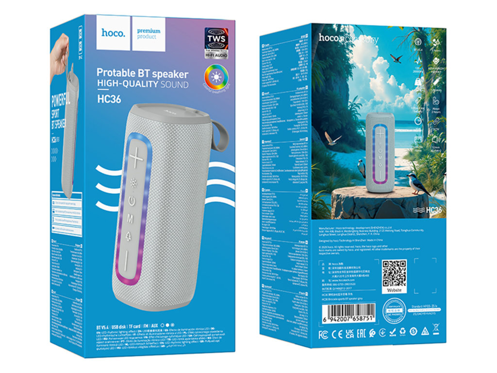 Колонка Hoco HC36, 10Вт, Bluetooth 5.4, 1200mAh, Type-C, пластик, 75×187×75мм, колір сірий