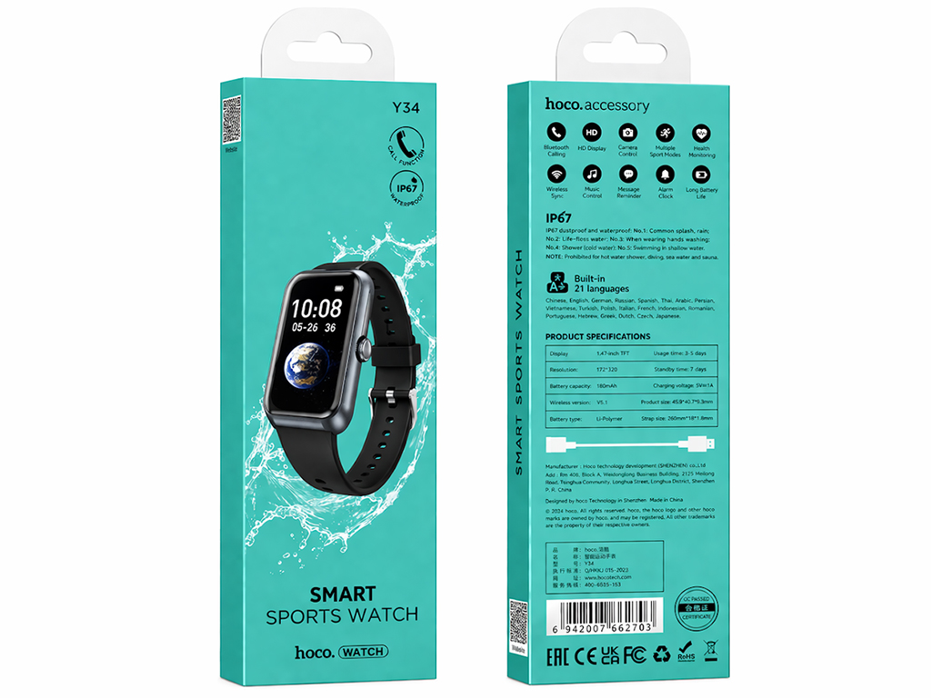 Смарт-годинник Hoco Y34, Bluetooth 5.3, 180мАч, TFT дисплей, пластик, силікон, 220×70×22мм, чорний