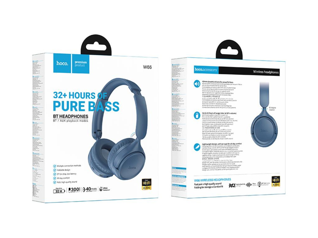 Bluetooth стерео гарнітура Hoco W66, складні, bluetooth 5.4, type‑c/aux, 300mAh, колір синій