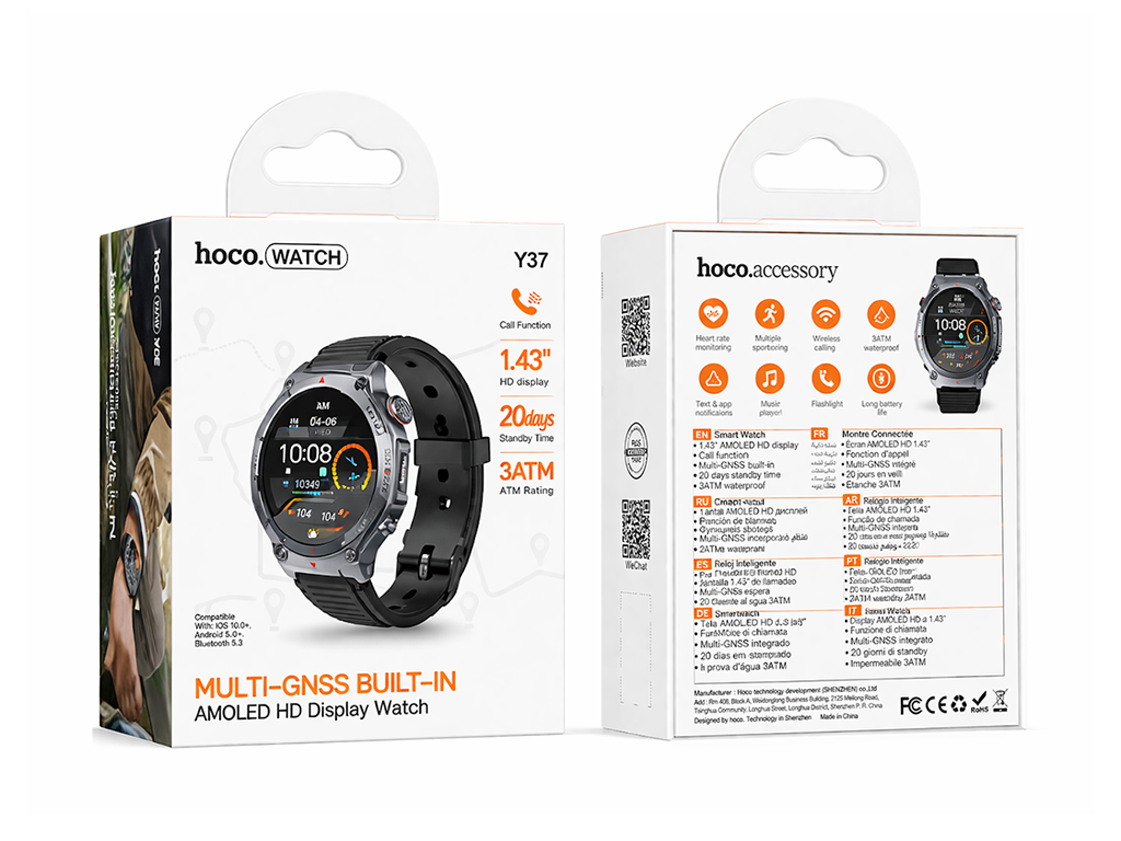 Смарт-годинник Hoco Y37, Bluetooth 5.3, GPS, AMOLED дисплей, 520мАч, алюмінієвий сплав, колір чорний