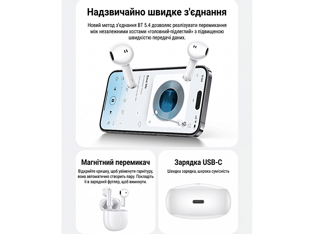 Бездротові навушники Hoco EQ33 Bluetooth 5.4 TWS, сенсор, чохол 300 мА·год, Type-C, білі