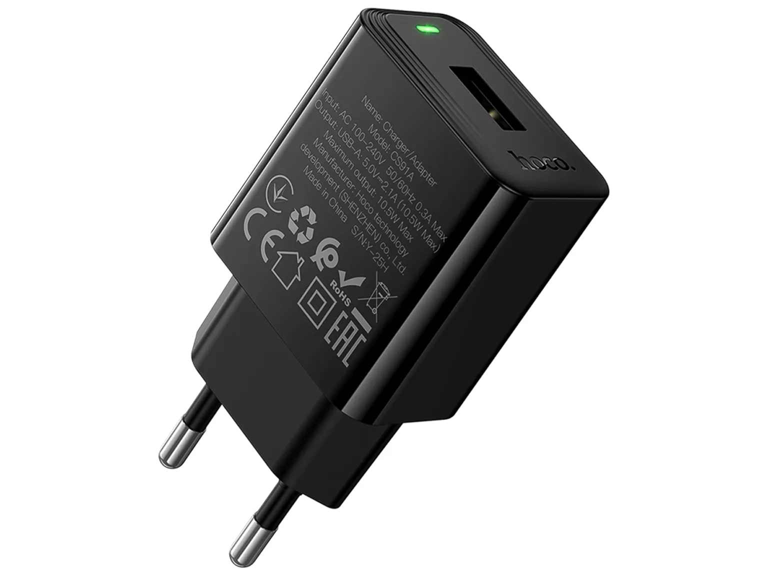 Мережевий зарядний пристрій Hoco CS91A, USB-A, 10,5Вт, 2,1А, чорний