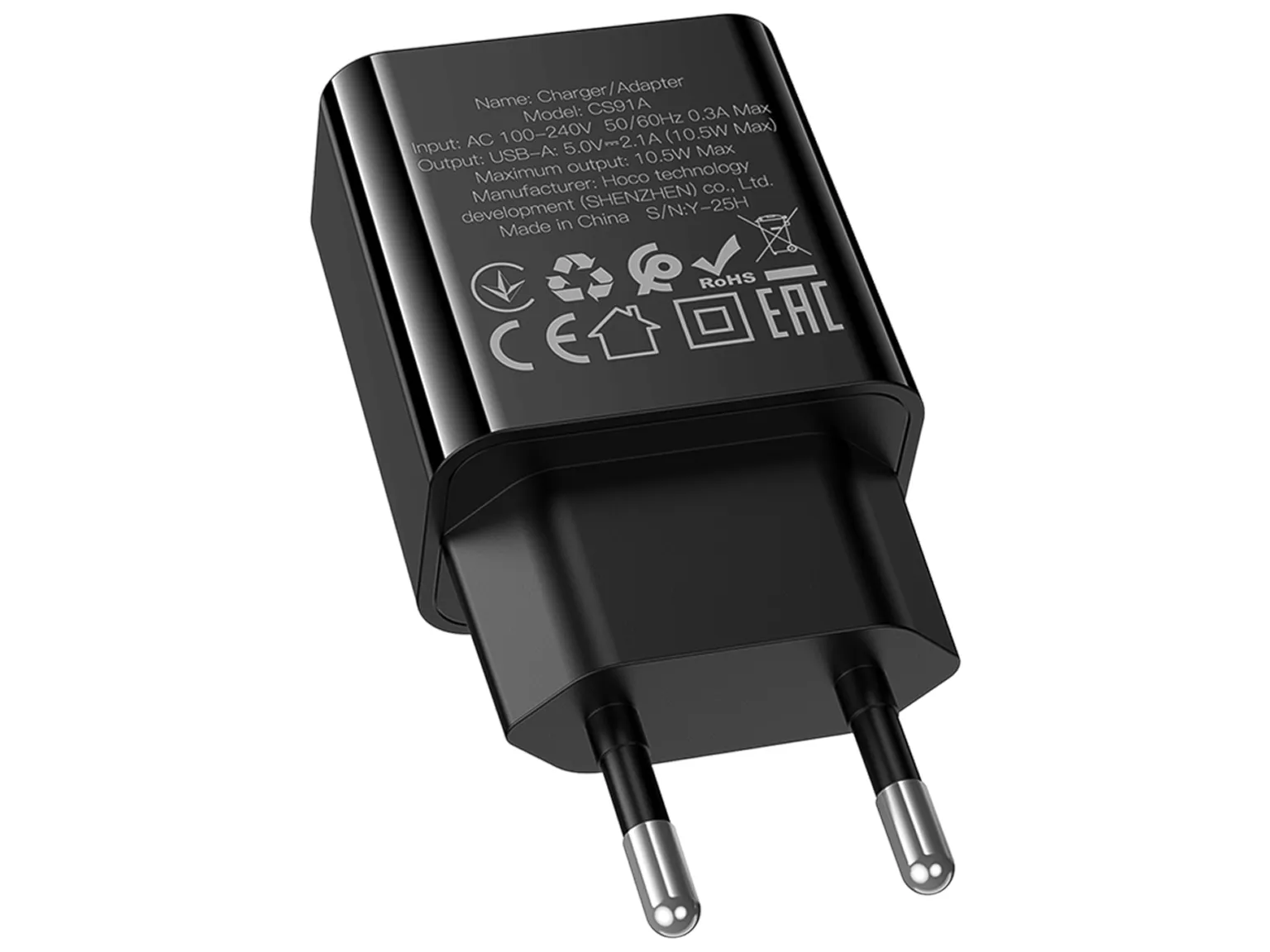 Мережевий зарядний пристрій Hoco CS91A, USB-A, 10,5Вт, 2,1А, чорний