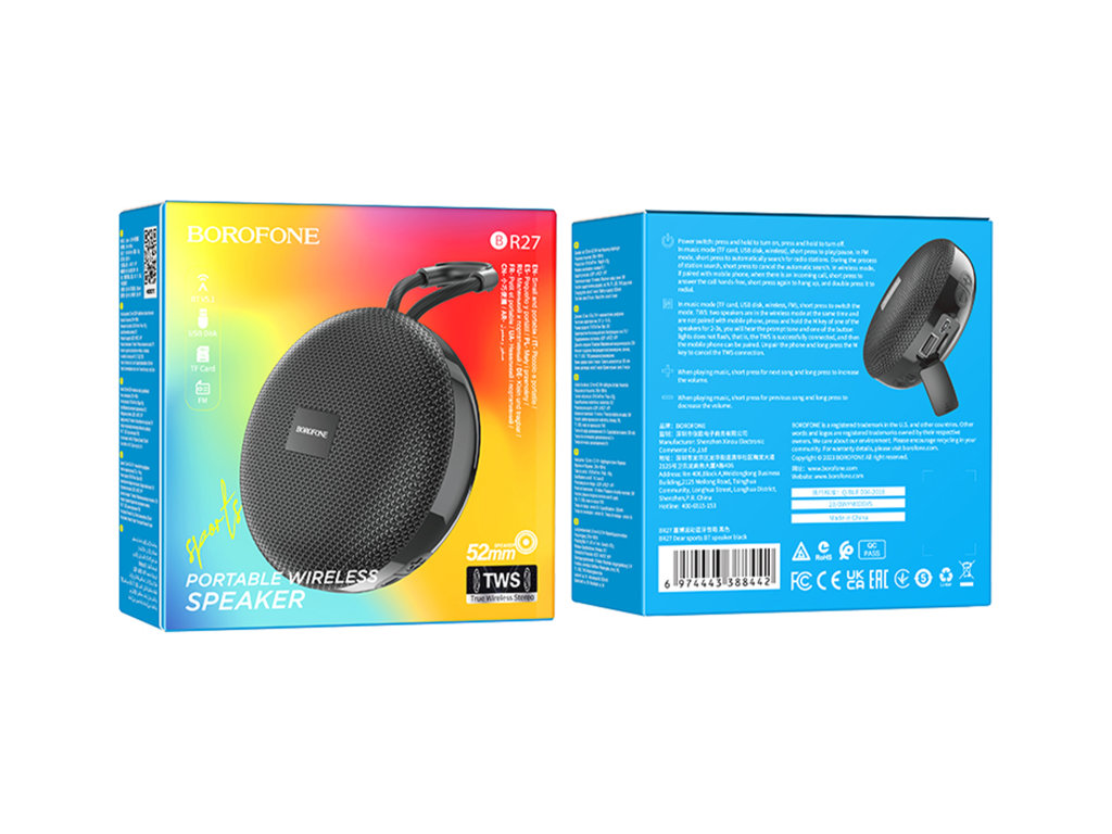 Колонка Borofone BR27, 5Вт, Bluetooth 5.1, 500mAh, Type-C, ABS пластик, 97×97×47мм, колір чорний