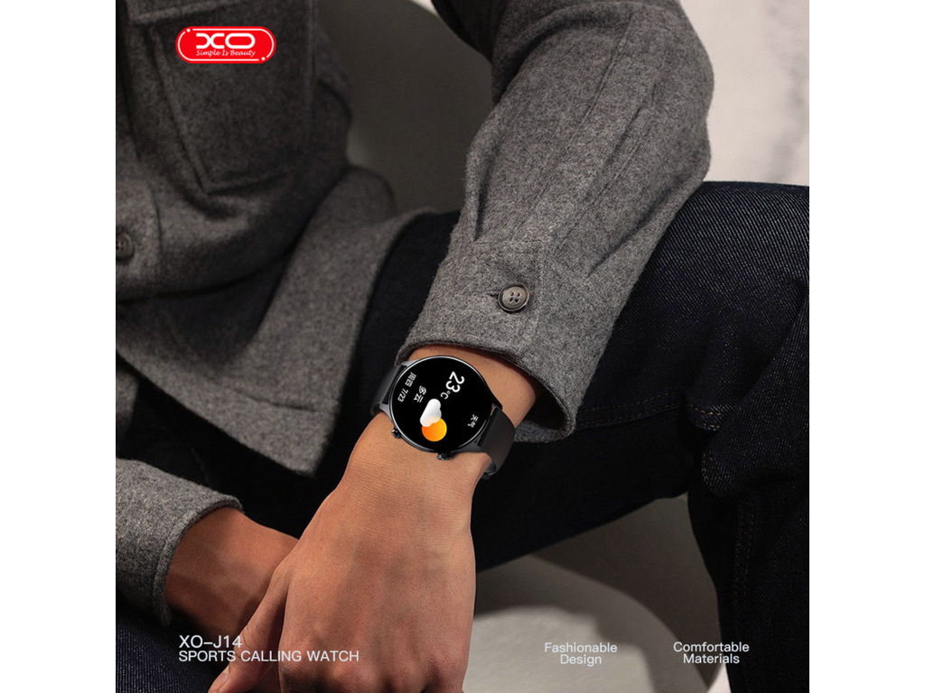 Смарт-годинник XO J14, AMOLED дисплей, Bluetooth, 300мАч, цинковий сплав, скло, 160×90×30мм, чорний