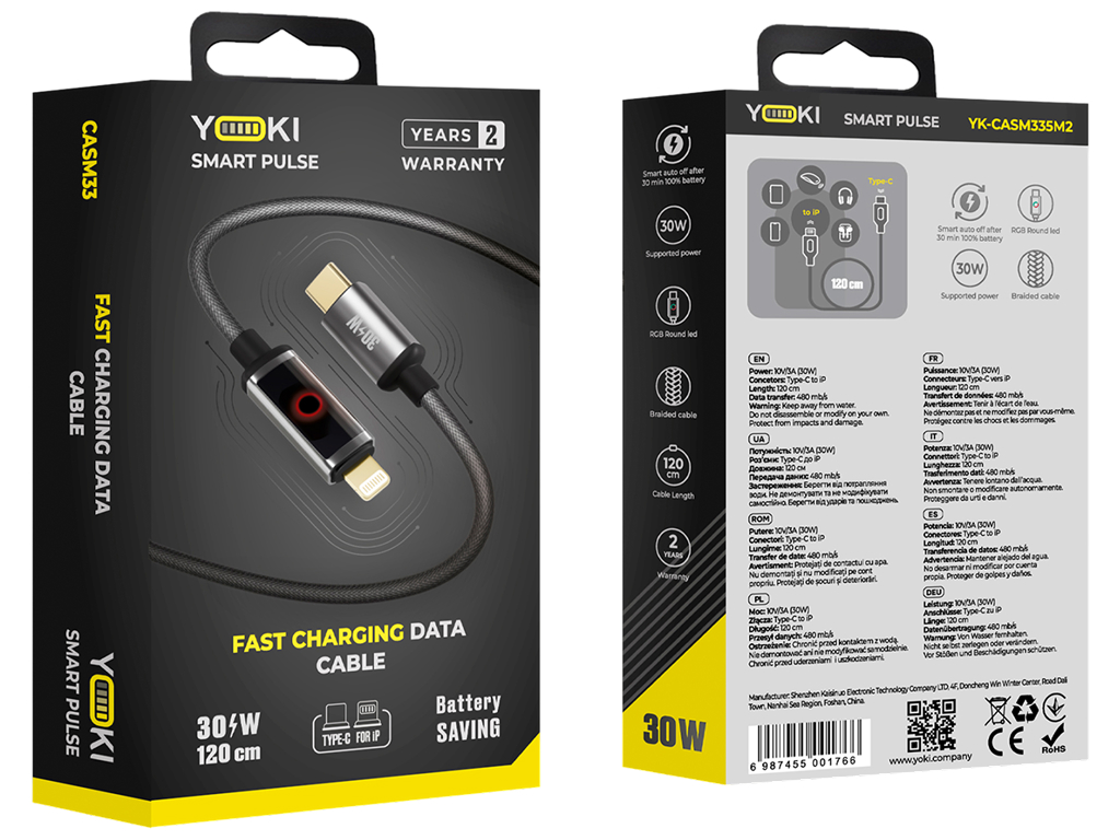 Кабель зарядный Yoki Smart Pulse, Type-C - Lightning, Led-индикатор, 30Вт, 1,2м