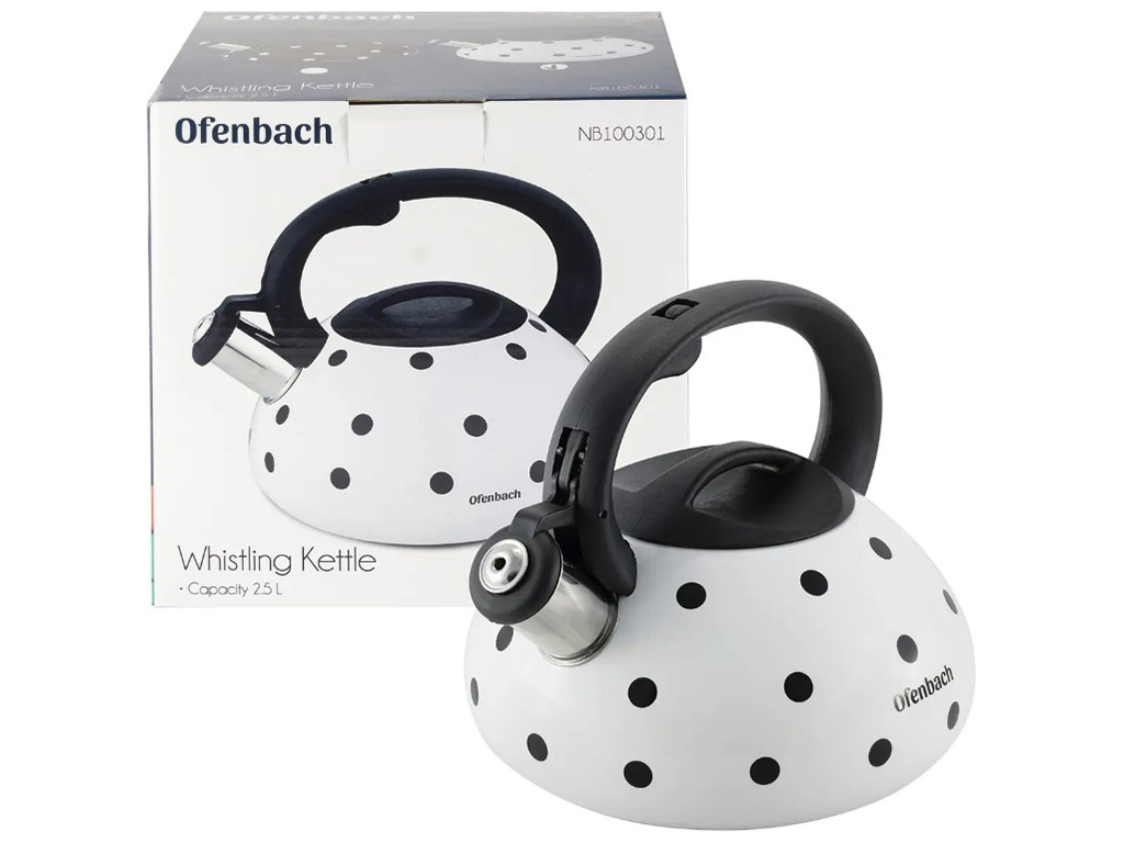 Чайник Ofenbach із нержавіючої сталі зі свистком та ручкою soft touch, білий, 2,5л