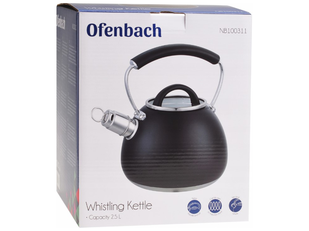 Чайник Ofenbach, из нержавеющей стали со свистком и ручкой soft touch, черный, 2,5л