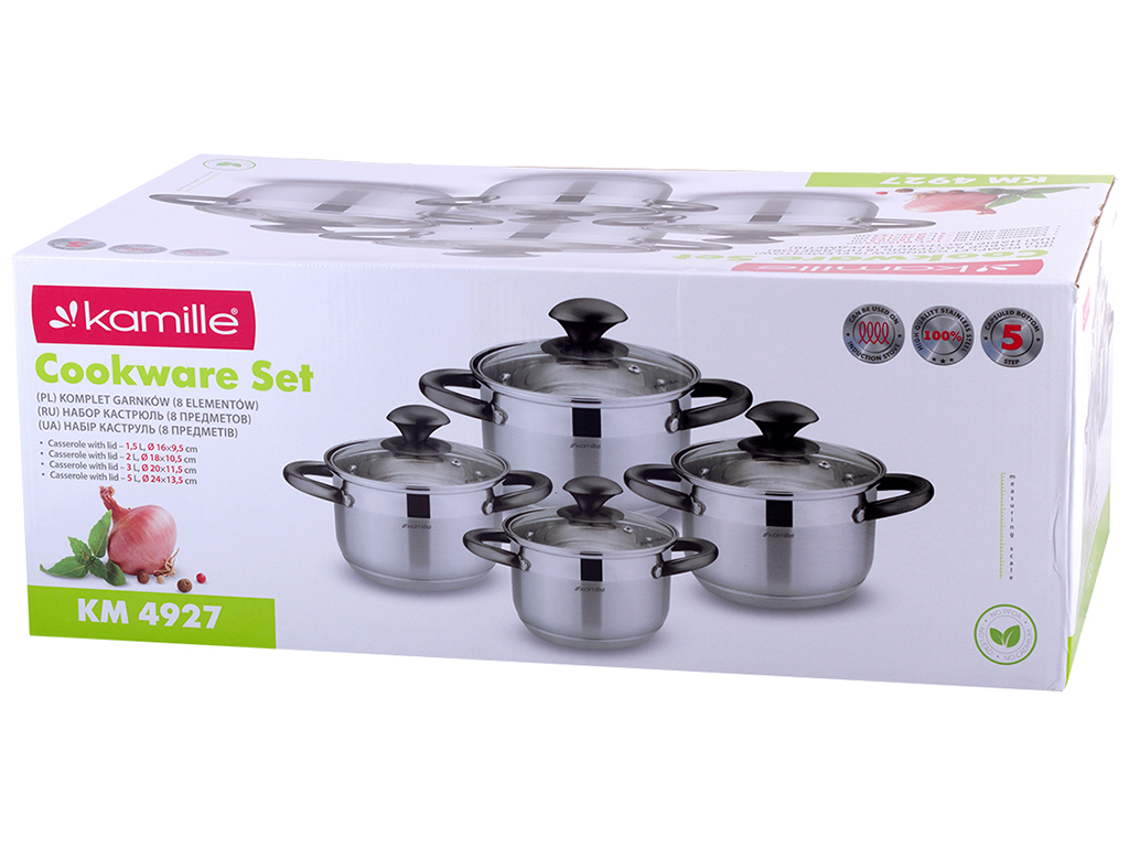 Набор кастрюль Kamille из нержавеющей стали 8 предметов (1,5л, 2л, 3л, 5л)